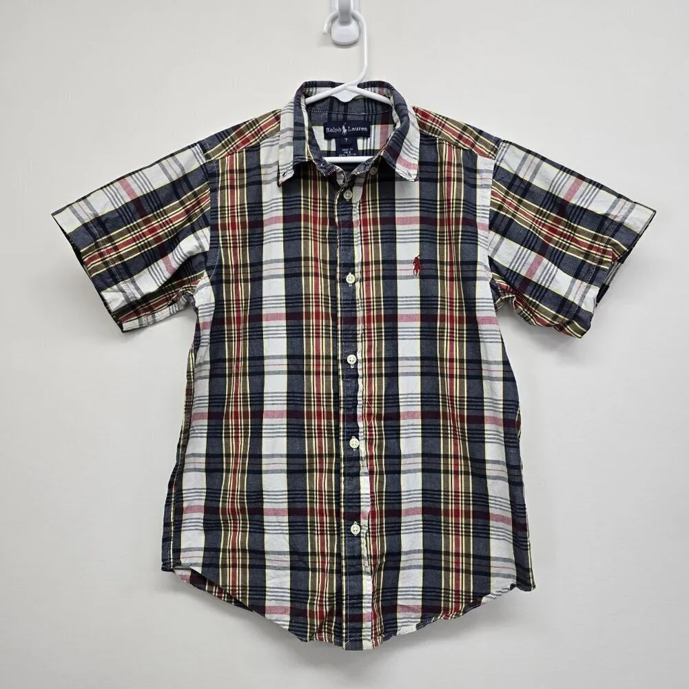 Ralph Lauren Boys Size 7 Short Sleeve Button Up Shirt Blue Red Yellow Plaid